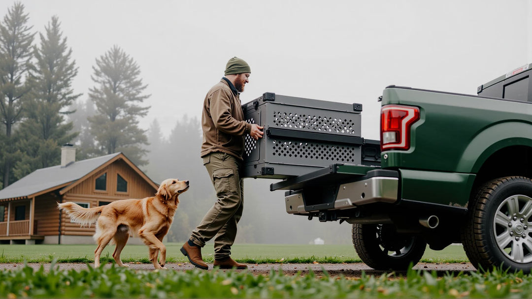 a hunter with a beard loading the gray collapsible dog crate in the back of his green truck with a golden retriever behind him. Cabin in the background and foggy around the pine trees and cabin