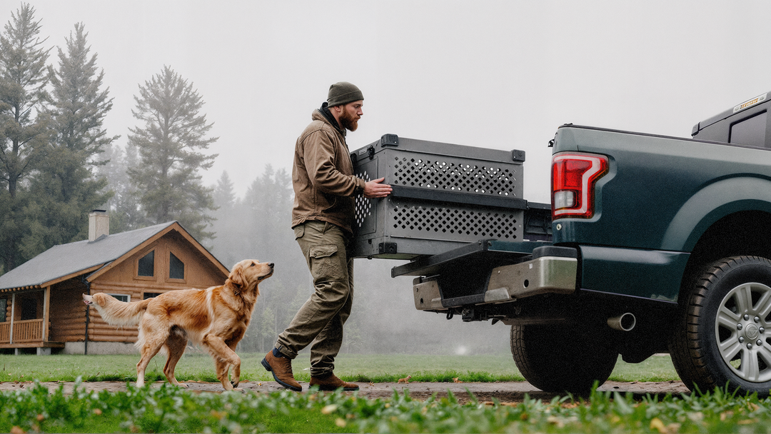 a hunter loading the gray collapsible crate into the back of his truck with a golden retriever behind him