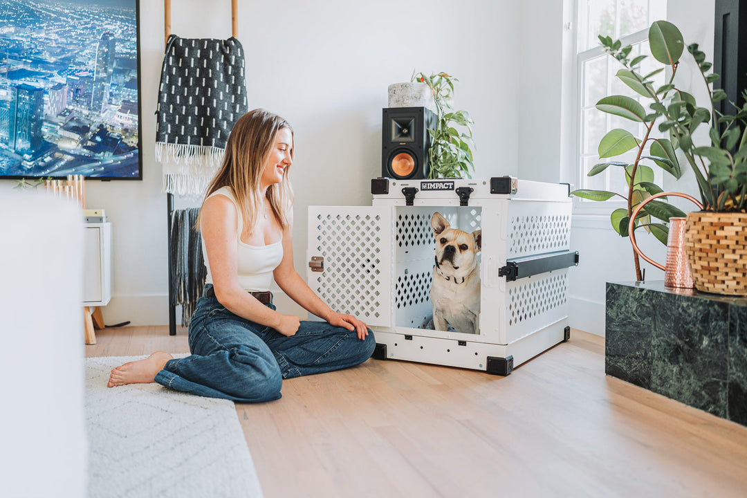 a girl sitting in her living room with her little dog sitting in the white collapsible dog crate