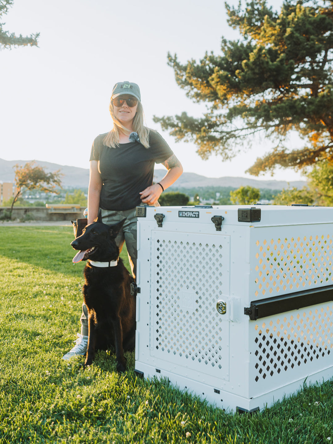 Brittany standing next to her black GSD standing next to a white collapsible dog crate